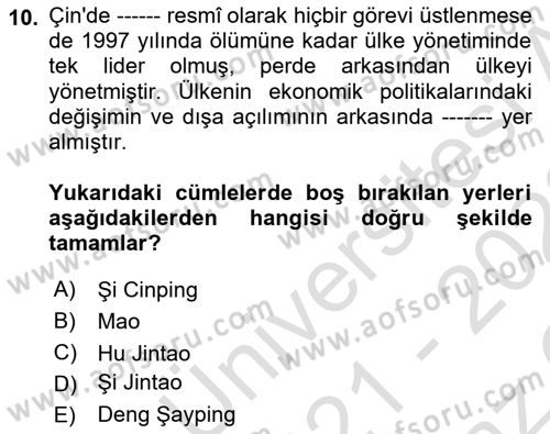 Gelişmekte Olan Ülkelerde Siyaset Dersi 2021 - 2022 Yılı Yaz Okulu Sınav Soruları 10. Soru