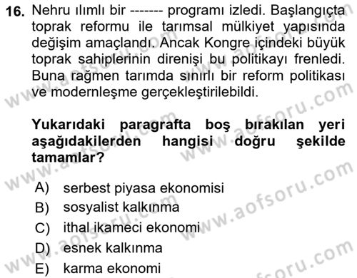 Gelişmekte Olan Ülkelerde Siyaset Dersi 2021 - 2022 Yılı Yaz Okulu Sınav Soruları 16. Soru