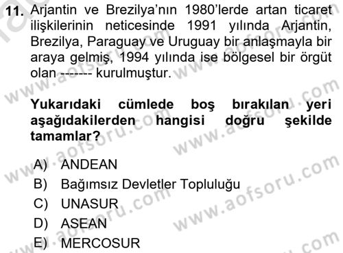 Gelişmekte Olan Ülkelerde Siyaset Dersi 2022 - 2023 Yılı Yaz Okulu Sınav Soruları 11. Soru
