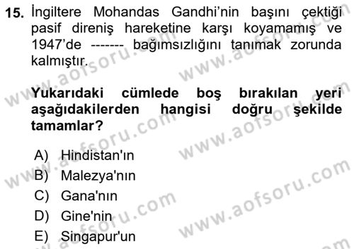 Gelişmekte Olan Ülkelerde Siyaset Dersi 2022 - 2023 Yılı Yaz Okulu Sınav Soruları 15. Soru