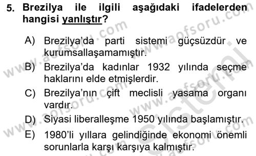 Gelişmekte Olan Ülkelerde Siyaset Dersi 2022 - 2023 Yılı Yaz Okulu Sınav Soruları 5. Soru