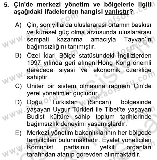 Gelişmekte Olan Ülkelerde Siyaset Dersi 2023 - 2024 Yılı (Final) Dönem Sonu Sınav Soruları 5. Soru