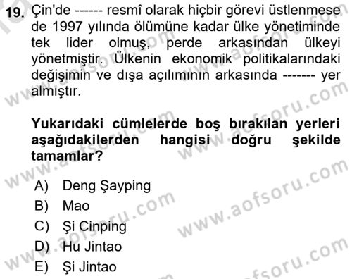 Gelişmekte Olan Ülkelerde Siyaset Dersi 2023 - 2024 Yılı Yaz Okulu Sınav Soruları 19. Soru