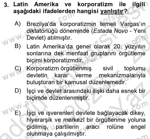 Gelişmekte Olan Ülkelerde Siyaset Dersi 2023 - 2024 Yılı Yaz Okulu Sınav Soruları 3. Soru