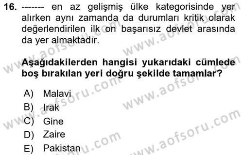 Gelişmekte Olan Ülkelerde Siyaset Dersi 2024 - 2025 Yılı (Vize) Ara Sınav Soruları 16. Soru