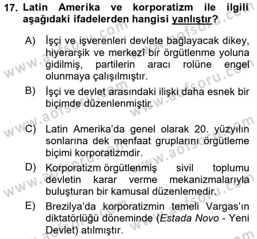 Gelişmekte Olan Ülkelerde Siyaset Dersi 2024 - 2025 Yılı (Final) Dönem Sonu Sınav Soruları 17. Soru