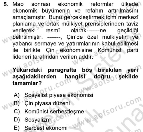 Gelişmekte Olan Ülkelerde Siyaset Dersi 2024 - 2025 Yılı (Final) Dönem Sonu Sınav Soruları 5. Soru