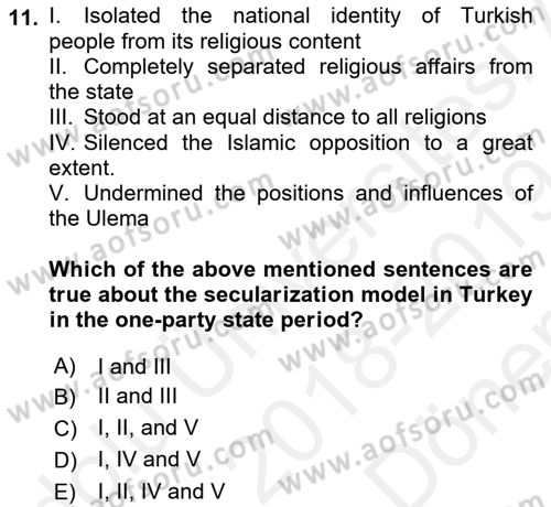 Turkish Politics Dersi 2018 - 2019 Yılı (Final) Dönem Sonu Sınav Soruları 11. Soru