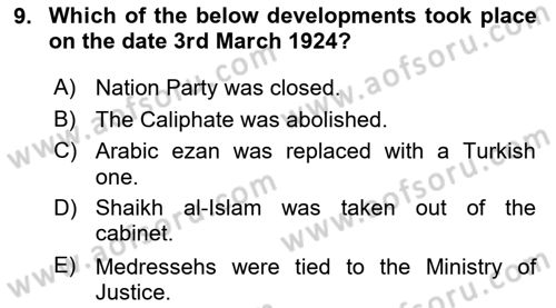 Turkish Politics Dersi 2018 - 2019 Yılı (Final) Dönem Sonu Sınav Soruları 9. Soru
