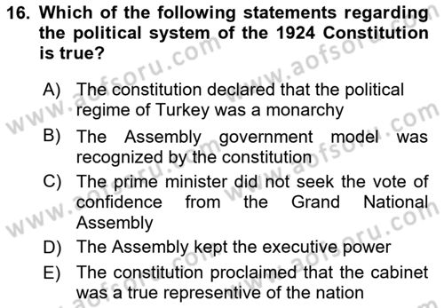 Turkish Politics Dersi 2018 - 2019 Yılı Yaz Okulu Sınav Soruları 16. Soru