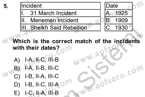 Turkish Politics Dersi 2018 - 2019 Yılı Yaz Okulu Sınav Soruları 5. Soru