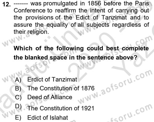 Turkish Politics Dersi 2020 - 2021 Yılı Yaz Okulu Sınav Soruları 12. Soru