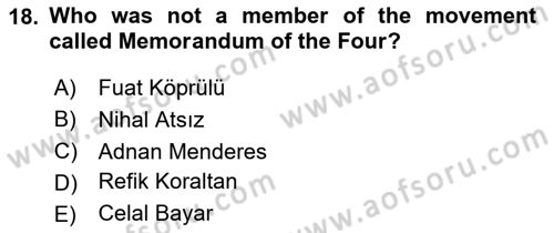Turkish Politics Dersi 2020 - 2021 Yılı Yaz Okulu Sınav Soruları 18. Soru