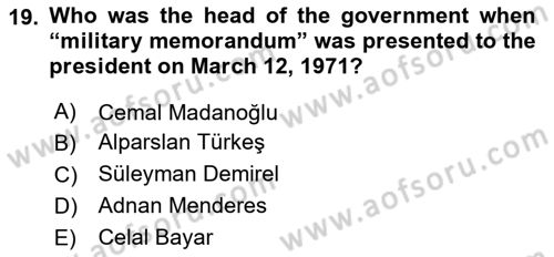 Turkish Politics Dersi 2020 - 2021 Yılı Yaz Okulu Sınav Soruları 19. Soru