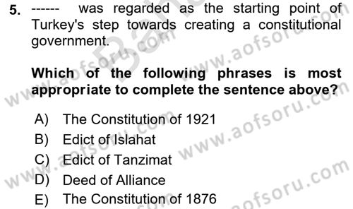 Turkish Politics Dersi 2021 - 2022 Yılı (Final) Dönem Sonu Sınavı 5. Soru