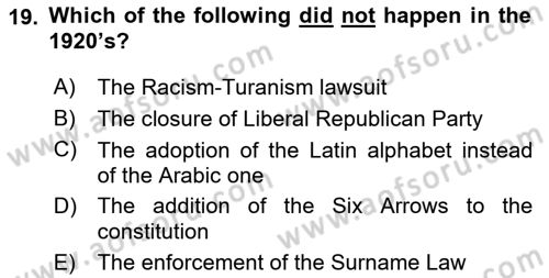Turkish Politics Dersi 2021 - 2022 Yılı Yaz Okulu Sınav Soruları 19. Soru