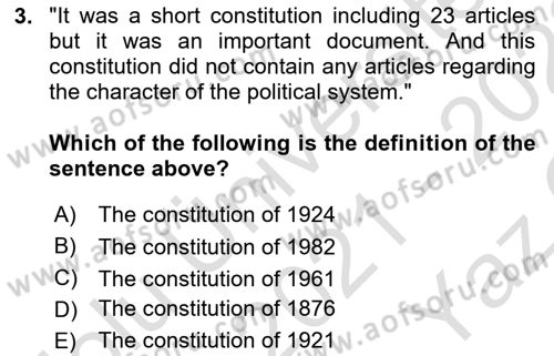 Turkish Politics Dersi 2021 - 2022 Yılı Yaz Okulu Sınav Soruları 3. Soru
