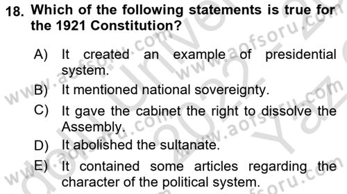 Turkish Politics Dersi 2022 - 2023 Yılı Yaz Okulu Sınav Soruları 18. Soru