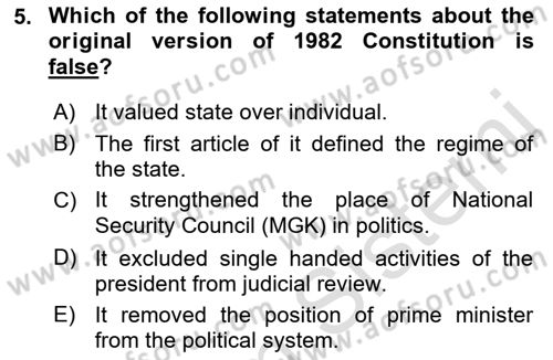 Turkish Politics Dersi 2022 - 2023 Yılı Yaz Okulu Sınav Soruları 5. Soru