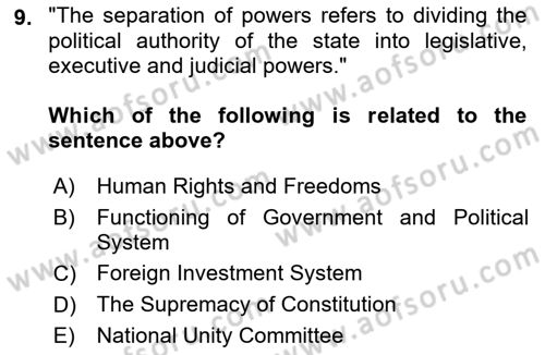 Turkish Politics Dersi 2022 - 2023 Yılı Yaz Okulu Sınav Soruları 9. Soru