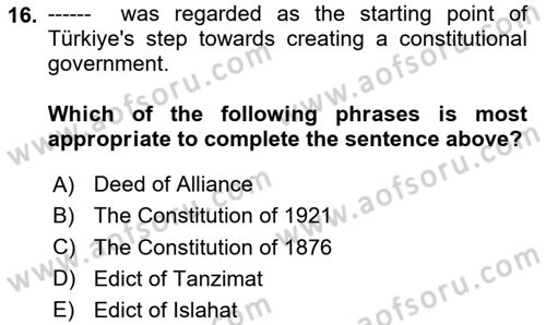 Turkish Politics Dersi 2023 - 2024 Yılı (Final) Dönem Sonu Sınav Soruları 16. Soru
