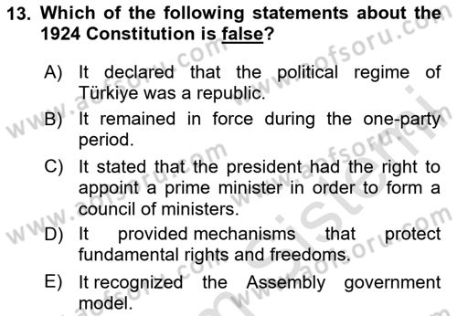 Turkish Politics Dersi 2023 - 2024 Yılı Yaz Okulu Sınav Soruları 13. Soru