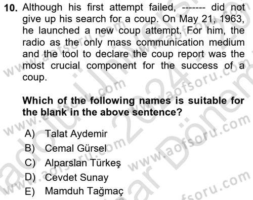 Turkish Politics Dersi 2024 - 2025 Yılı (Final) Dönem Sonu Sınav Soruları 10. Soru