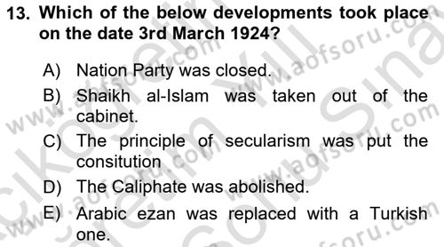 Turkish Politics Dersi 2024 - 2025 Yılı (Final) Dönem Sonu Sınav Soruları 13. Soru