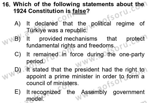 Turkish Politics Dersi 2024 - 2025 Yılı (Final) Dönem Sonu Sınav Soruları 16. Soru