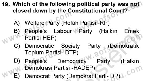 Turkish Politics Dersi 2024 - 2025 Yılı (Final) Dönem Sonu Sınav Soruları 19. Soru