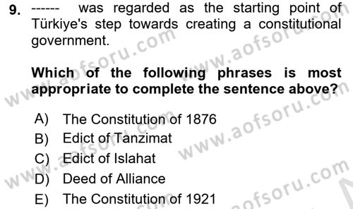 Turkish Politics Dersi 2024 - 2025 Yılı (Final) Dönem Sonu Sınav Soruları 9. Soru