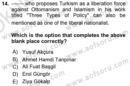 Turkish Politics Dersi 2024 - 2025 Yılı Yaz Okulu Sınav Soruları 14. Soru
