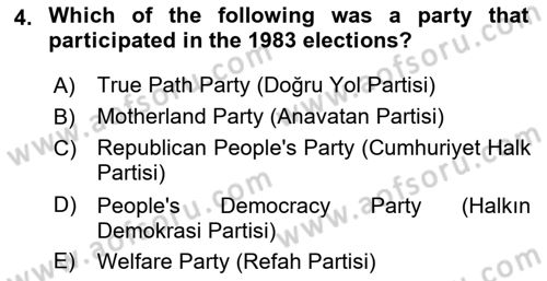 Turkish Politics Dersi 2024 - 2025 Yılı Yaz Okulu Sınav Soruları 4. Soru