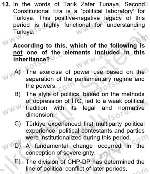 Turkish Politics Dersi 2025 - 2026 Yılı (Vize) Ara Sınav Soruları 13. Soru