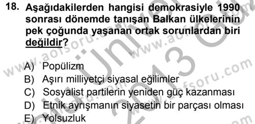 Balkanlarda Siyaset Dersi Ara Sınavı Deneme Sınav Soruları 18. Soru