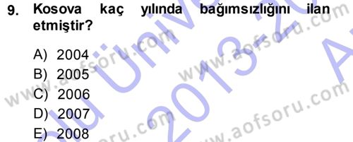 Balkanlarda Siyaset Dersi Ara Sınavı Deneme Sınav Soruları 9. Soru