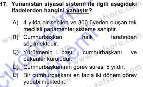 Balkanlarda Siyaset Dersi Ara Sınavı Deneme Sınav Soruları 17. Soru