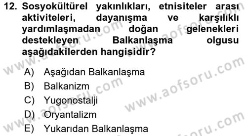 Balkanlarda Siyaset Dersi 2015 - 2016 Yılı Tek Ders Sınavı 12. Soru