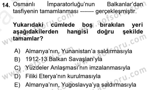 Balkanlarda Siyaset Dersi Ara Sınavı Deneme Sınav Soruları 14. Soru