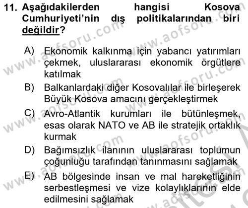 Balkanlarda Siyaset Dersi 2018 - 2019 Yılı Yaz Okulu Sınav Soruları 11. Soru