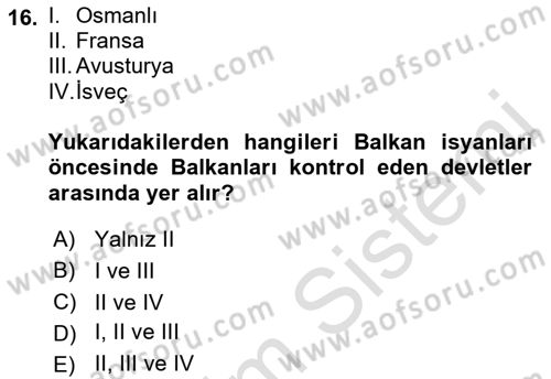 Balkanlarda Siyaset Dersi Ara Sınavı Deneme Sınav Soruları 16. Soru