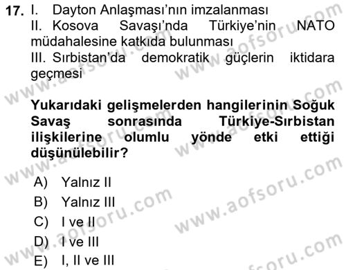 Balkanlarda Siyaset Dersi 2023 - 2024 Yılı Yaz Okulu Sınav Soruları 17. Soru