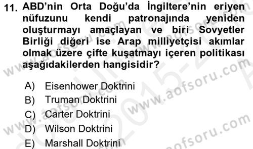 Orta Doğuda Siyaset Dersi 2015 - 2016 Yılı (Vize) Ara Sınav Soruları 11. Soru