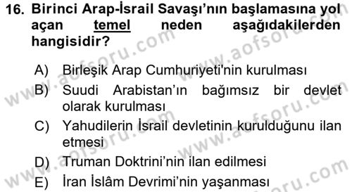 Orta Doğuda Siyaset Dersi 2015 - 2016 Yılı (Vize) Ara Sınav Soruları 16. Soru