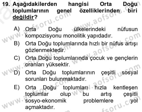 Orta Doğuda Siyaset Dersi 2015 - 2016 Yılı Tek Ders Sınav Soruları 19. Soru