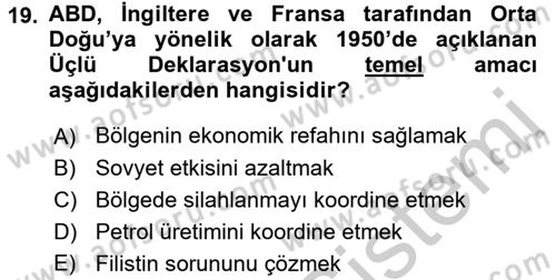 Orta Doğuda Siyaset Dersi 2016 - 2017 Yılı (Vize) Ara Sınav Soruları 19. Soru