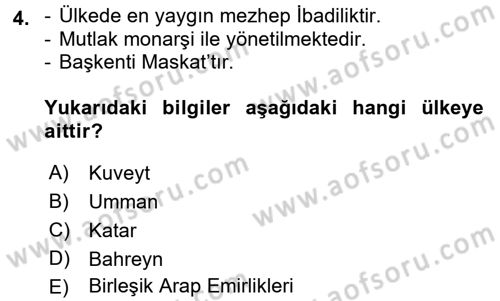 Orta Doğuda Siyaset Dersi 2017 - 2018 Yılı (Vize) Ara Sınav Soruları 4. Soru