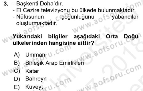 Orta Doğuda Siyaset Dersi 2017 - 2018 Yılı (Final) Dönem Sonu Sınav Soruları 3. Soru