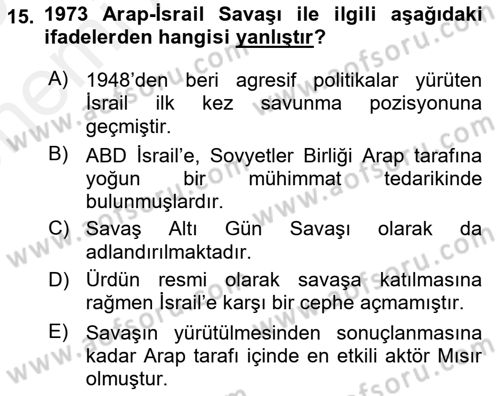Orta Doğuda Siyaset Dersi 2018 - 2019 Yılı (Vize) Ara Sınav Soruları 15. Soru