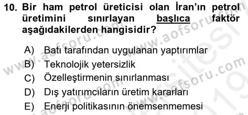 Orta Doğuda Siyaset Dersi 2018 - 2019 Yılı (Final) Dönem Sonu Sınav Soruları 10. Soru